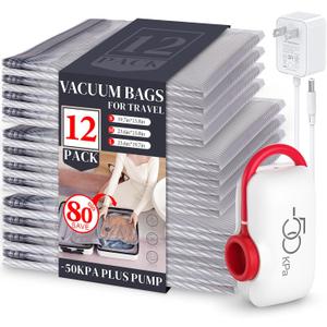 VMstr 12 Pack Vacuum Storage Bags for Travel, Carry-on Size for Luggage Compression Packing, Space Saver with High Pressure Electric Pump(D/C Power)