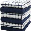 Kitchen Towels 16"x 28" | Dish Towels | Kitchen Hand Towels | Large Dishcloths Set | Highly Absorbent Tea Towel, Soft with Hanging Loop | Natural Ring Spun Cotton, 380 GSM | Navy Check Design - 6 Pack