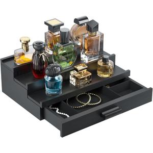 Perfume Cologne Organizer for Men: 3 Tier Wooden Perfumes Stand, Desktop Parfum Holder Wood Display Shelf with Cabinet, Bedroom Dresser Makeup Lotion Jewelry Storage Rack with Drawer