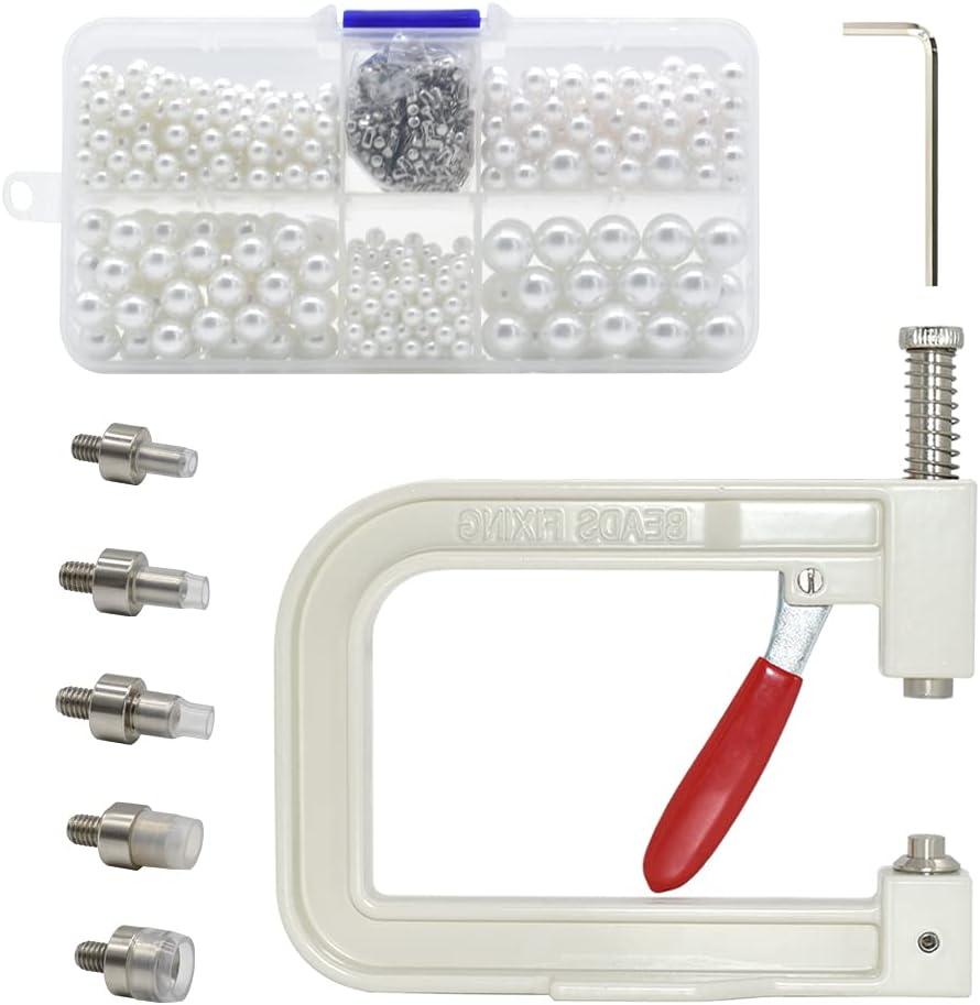 Pearl Handmade Setting Machine, Beads Rivet Fixing Machine with 5 Sizes of Round Pearl Beads Rivet Studs for Hats/Shoes/Clothes/Bags/Skirts