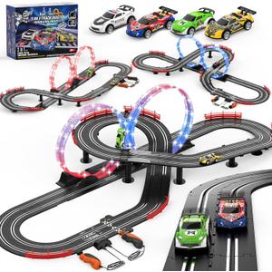 3 IN 1 Slot Car Race Track Sets with 4 High Speed Slot Cars, Electric Race Car Track Include Circular Overpass Flash Tracks, 1:43 Remote Control Track Car Game Toys Gifts for Adults Boys Ages 6 7 8-12