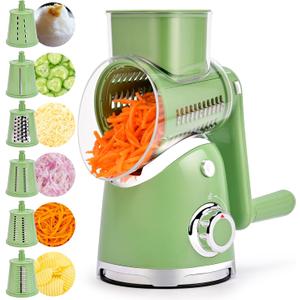 SUSTEAS Rotary Cheese Grater with Handle,Vegetable Slicer with 6 Interchangeable Blades, Reinforced Suction,Easy to Clean,Kitchen Chopper for Crushed Ice,Fruits and Nuts with Blade Storage Case,Green