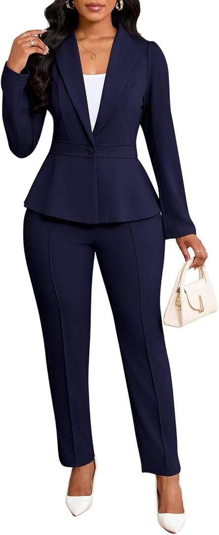 Ophestin Business Casual Outfits Blazers Set Pants Suits for Women 2 Piece Set Dressy Professional Work Office Clothes (Large, Navy Blue)