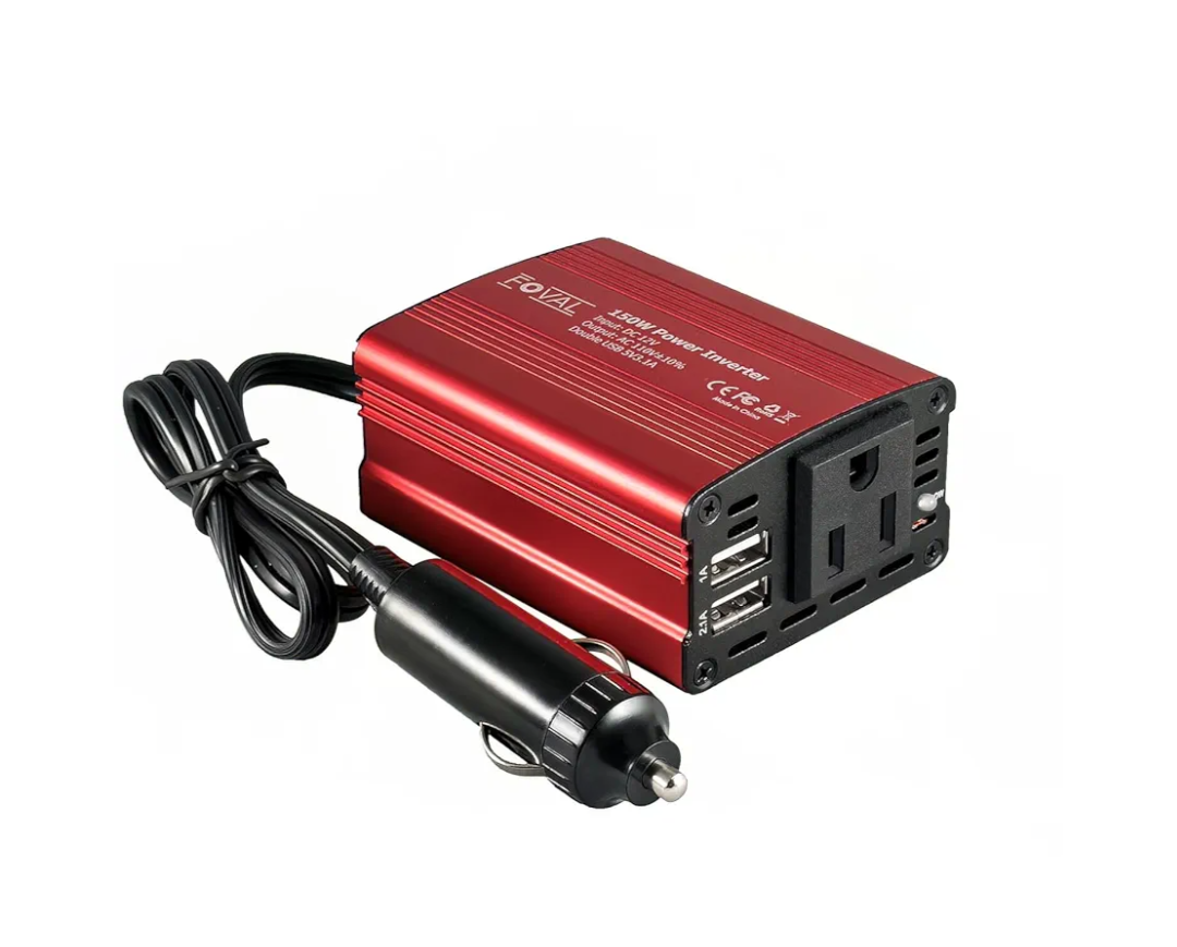 FOVAL 150W Car Power Inverter 12V DC to 110V AC Converter Vehicle Adapter Plug Outlet with 3.1A Dual USB Car Charger for Laptop Computer (Classic Red)