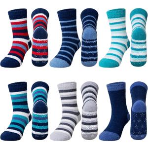 Kids Fuzzy Slipper Grip Socks Boys Girls Non Slip Winter Thick Fluffy Warm Soft Plush Thermal Crew Socks 6 Pairs