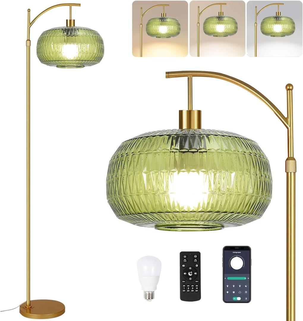 Green Floor Lamp for Living Room,Bedroom,Gold Dimmable Standing Lamp with Remote,Mid Century Modern Brass Tall Lamp Boho Floor Lamps Arc Stained Glass Floor Light Lamp Girls Bohemian