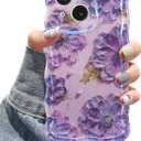 Case for iPhone 15, Colorful Retro Oil Painting Aesthetic Flowers Glossy Design Cute Curly Wavy Edge Easy Grip Soft Bumper Protective Slim Thin Phone Cover Case for Women Girly, Purple