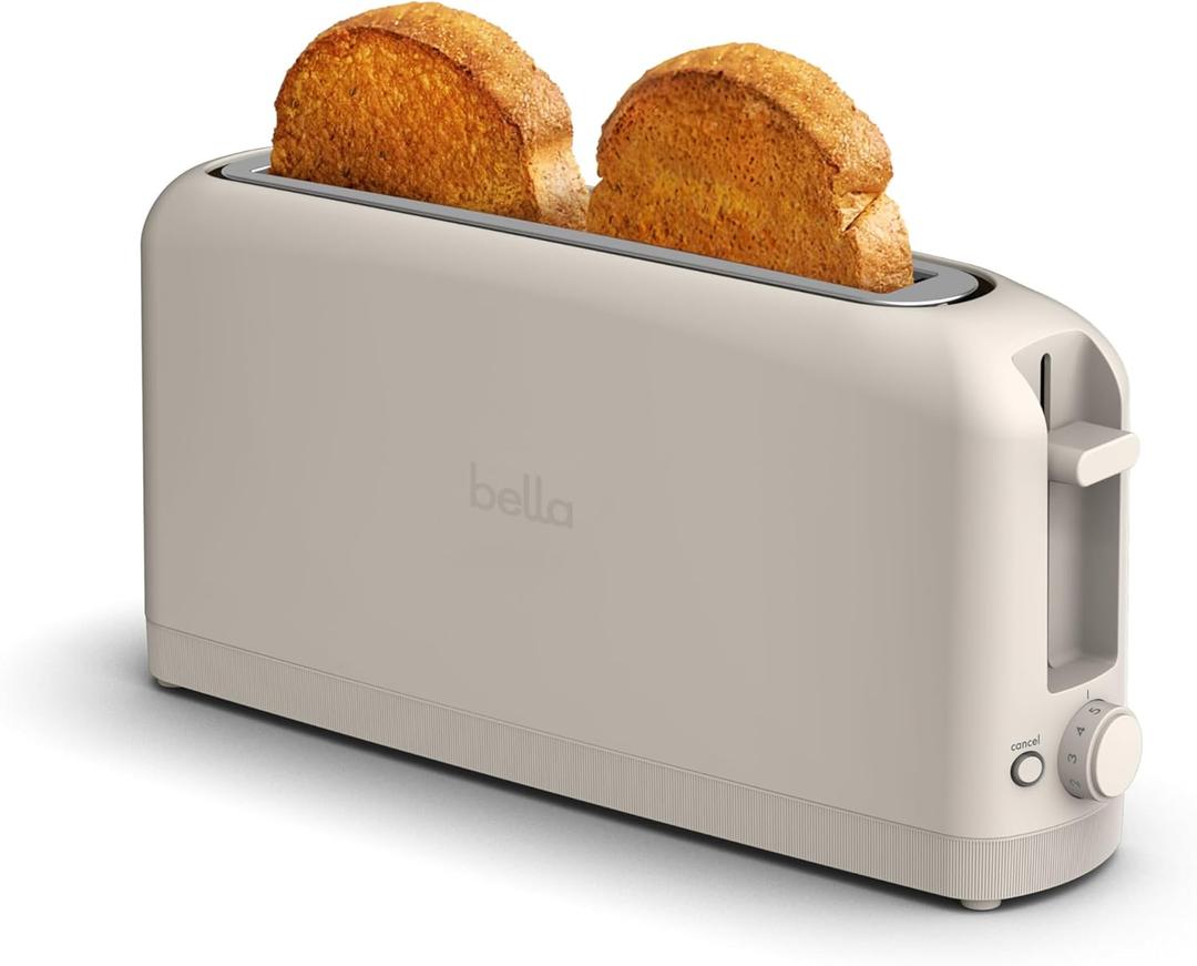 Bella 2 Slice Slim Toaster, Fitsanywhere™ Kitchenware, 6 Setting Shade Control with Reheat & Cancel Buttons, Fits sourdough, 10” Long Slot, Anti Jam & Auto Shutoff, 900 Watt, Oatmilk