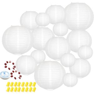 Hanging Paper Lanterns Decorative, White Chinese Paper Lanterns Ceiling Party Decorations with 16 LED Lights for Baby Shower Wedding Anniversarie Graduation Engagement Valentine's Day, Pack of 16