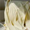 WDIRARA Women's 2 Piece Outfits Skinny Mini Shorts Set V Neck Long Sleeve Knitted Outfits (Yellow, L)