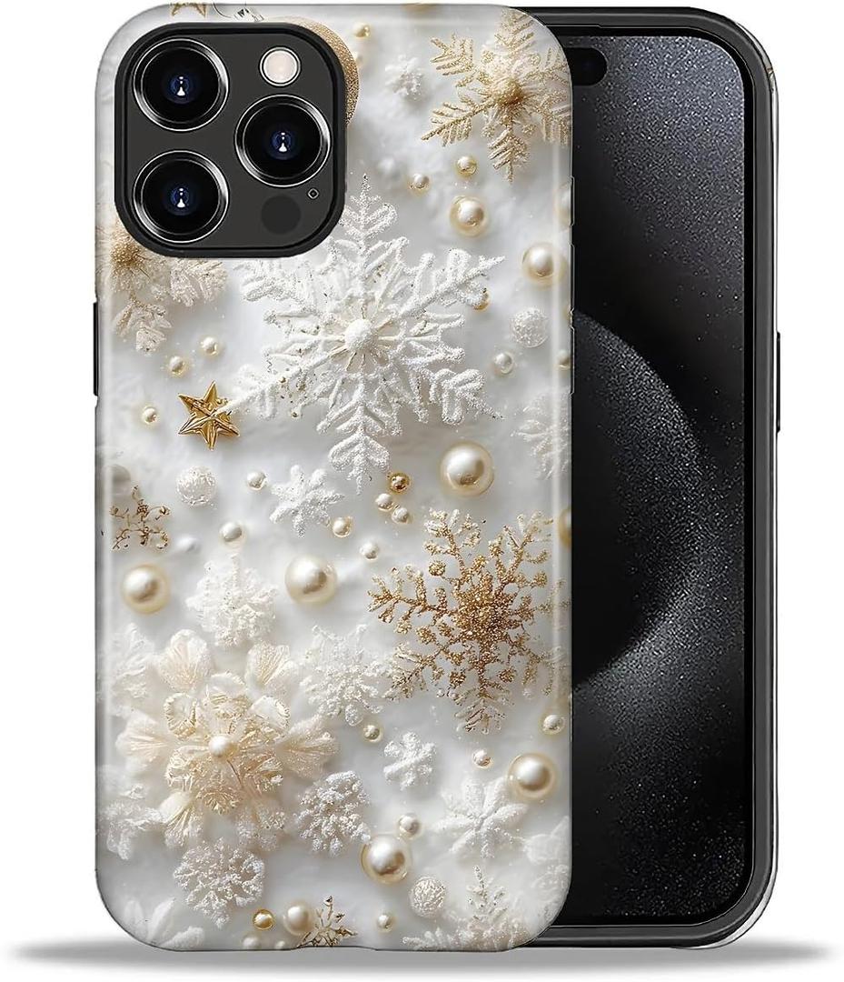 Case for iPhone 16 Pro, PC Hard Shell & Silicone Inner Bumper, Anti-Scratch Full-Body Cover Shockproof Slim Design -Festive Christmas Snowflakes