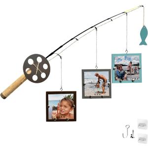 Wood Fishing Pole Picture Frame - Three 4''x4'' Frames, Real Fishing Rod Design, Adjustable Hanging - Fishing Decor for Lake House, Cabin, Farmhouse Wall, Boys Room, Fishing Lovers, Fisherman