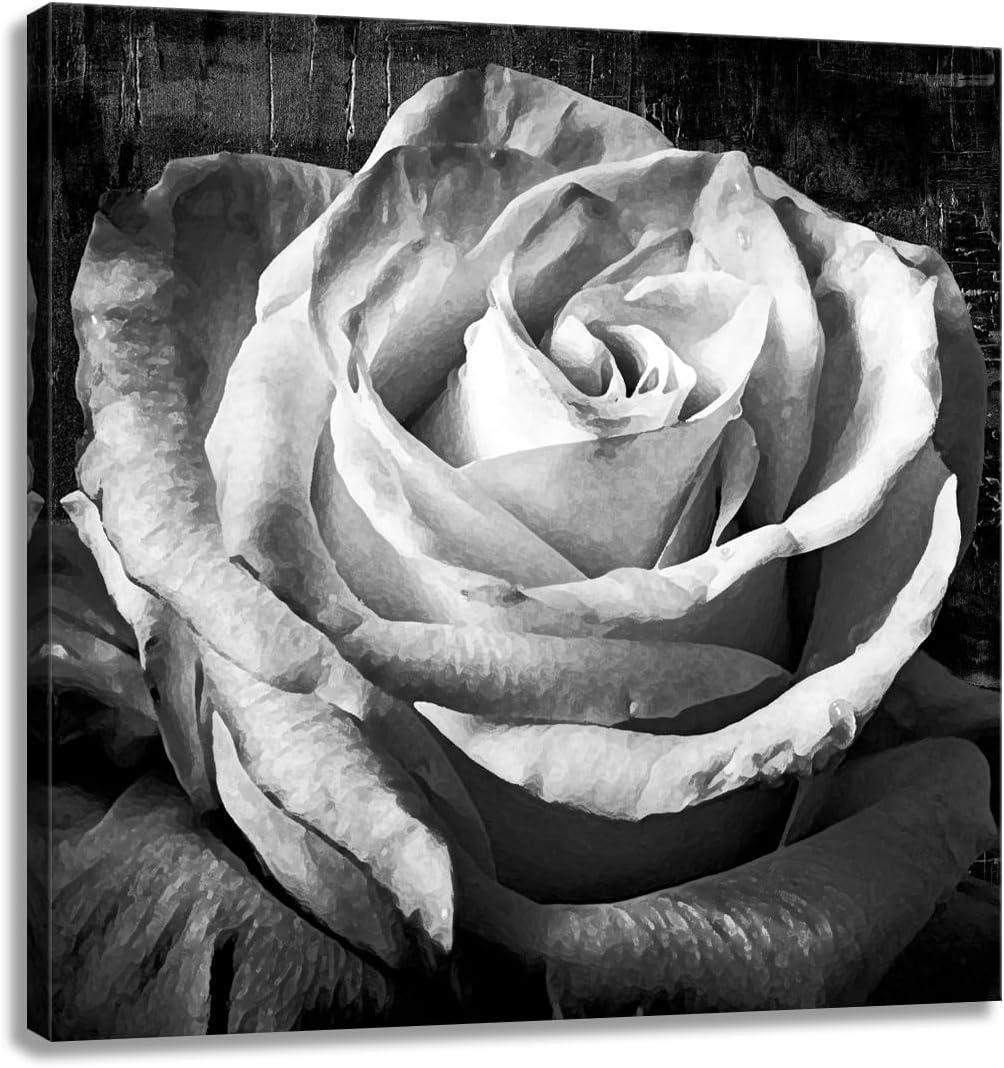 Bathroom Rose Flower Picture Wall Art Black and White Floral Prints on Canvas for Bedroom Girls Room Decor 24x24