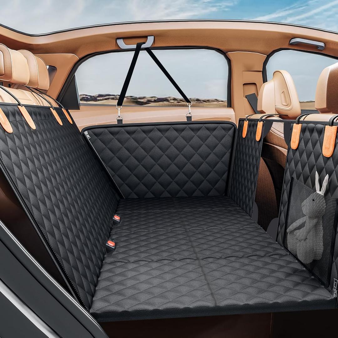 PETICON Back Seat Extender for Dogs, Hard Bottom Dog Car Seat Cover - Supports 400lbs, Rear Seat Pet Cover with Mesh Window, Waterproof Dog Hammock for Car SUV (black)