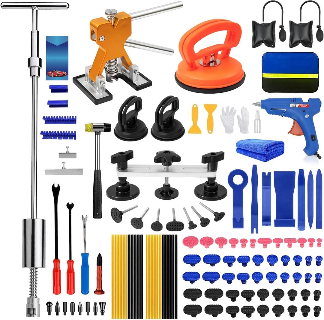 129pcs Dent Puller Kit, Dent Remover Tool for Car, Paintless Dent Removal Kit with T-Bar, Bridge Puller, Golden Lifter, Car Dent Puller Tool for Hail Damage Door Ding Fridge 