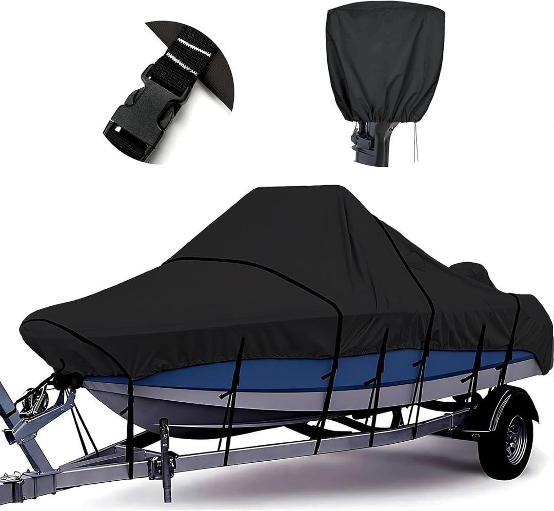 Tuszom 1200D 100% Waterproof Center Console Boat Cover with Motor Cover, Tear-Proof Trailerable Boat Cover for Center Console Boat with 13-19 Windproof Straps (Black, 17' - 19' L, UP to 102" W)