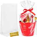 Ohuimrt 100 Pack Cellophane Bags with Bottom Gusset, 8 x 11 x 3 Inch Clear Treat Bags Plastic Goodie Gift Packaging with Ties for Popcorn, Candies, Snacks, Party Favors, Cookies