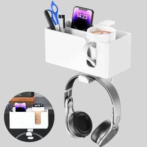 4 in 1 Desk Cup Holder with Storage - Clamp on Under Desk Headphone Hanger - Detachable Pen Cup Holder Desktop Storage for Desktop Attachments Accessories (White)