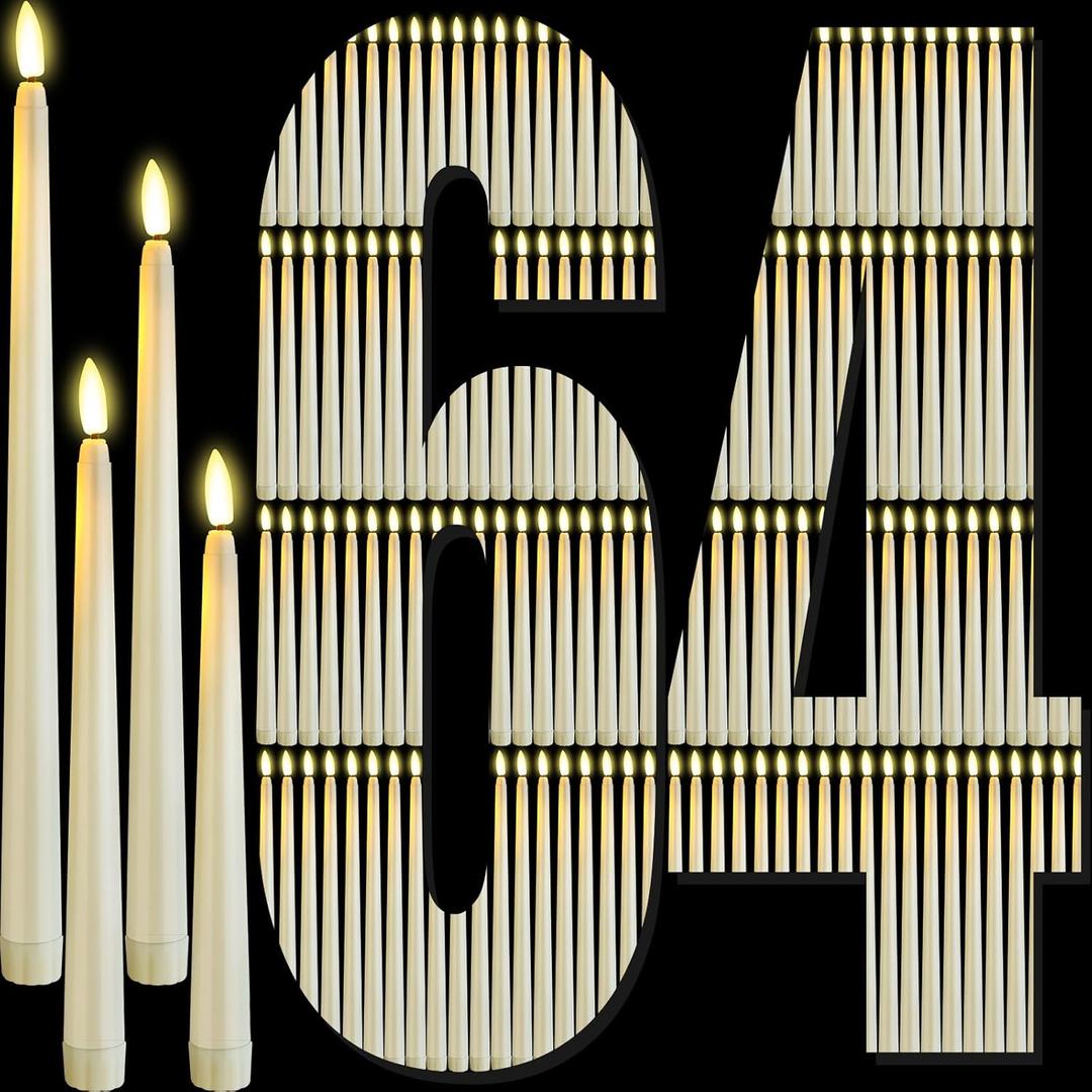 64 Pcs Flameless LED Taper Candles Battery Operated Candles 4 Sizes of 8.5'', 9.65'', 10.83'', 12.8'' Candlesticks Flickering for Halloween Christmas Church Wedding(Ivory White)