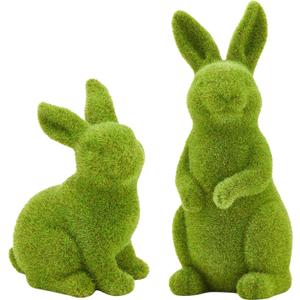 Decorative Decorations for Easter Bunny Gifts, Moss Green Flocking Sculpture, Garden Courtyard Family Gathering Celebration Decorations (Small 2PCS Standing+Sitting)