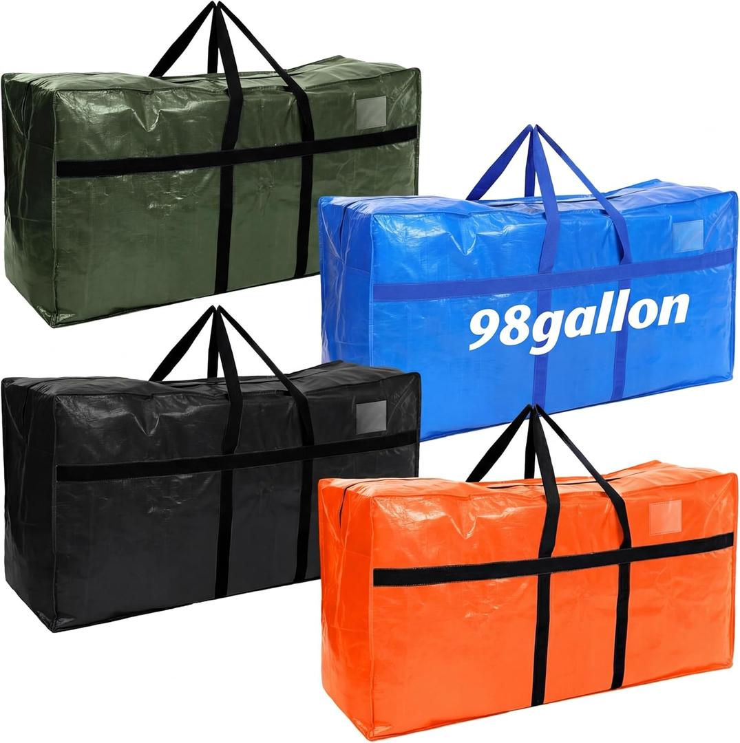 Windyun 4 Pack 98 Gallon Extra Large Moving Bags XXL Heavy Duty Storage Bag with Strong Zipper Handle Jumbo Big Tote Box Foldable for College Dorm Travel Clothes Duffle Blanket Pillow(Mixed Color)