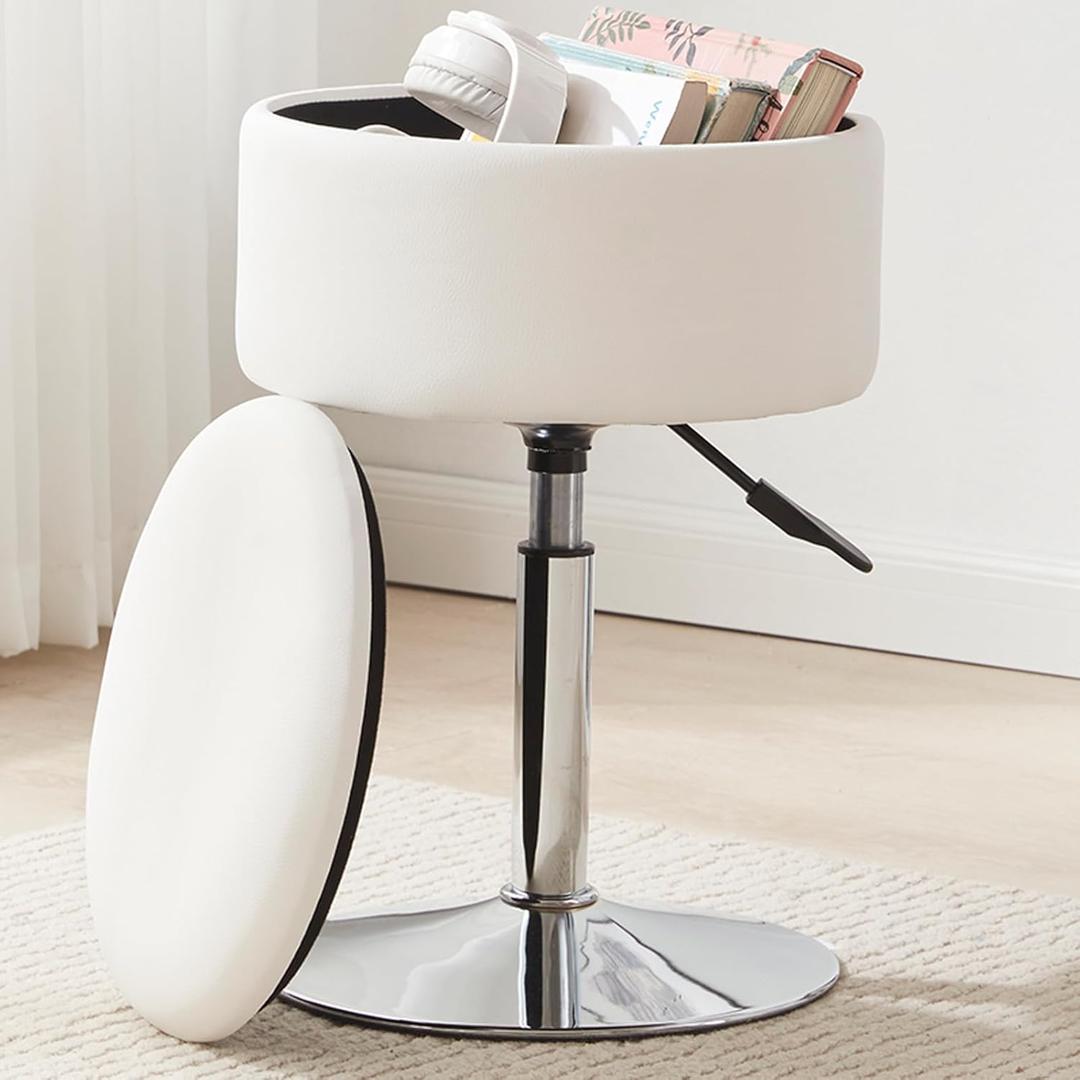 RUCUKEN Adjustable Ottoman Stool White Vanity Stool Vanity Chair for Makeup Room Stool Chair for Vanity Stool with Storage Makeup Stools with Storage Swivel Makeup Chair for Bathroom Faux Leather