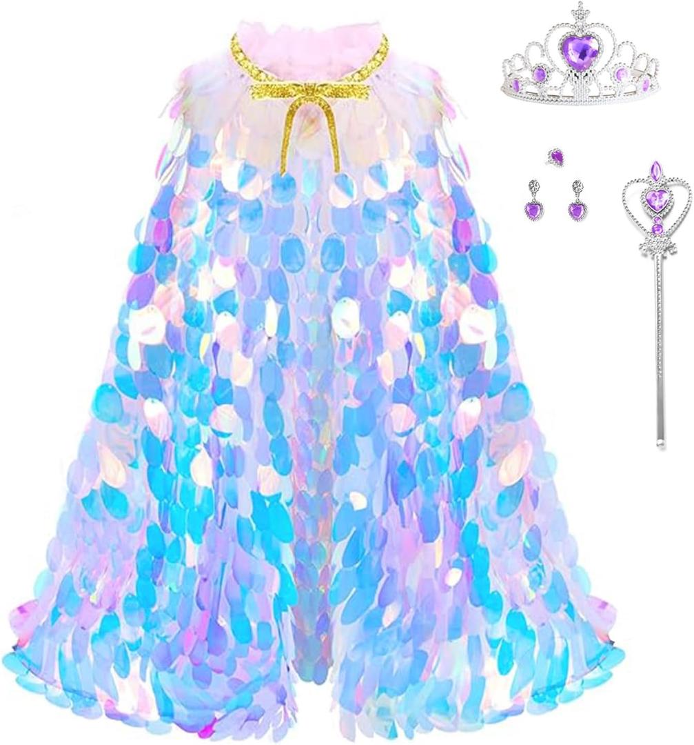 Princess Dress Up Rainbow Mermaid Cape Toddler Costume for Princess Cloaks Gift Set for Little Girls 3-8 Years
