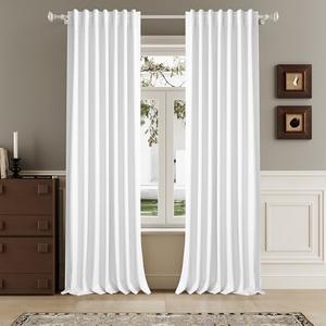 DUALIFE Blackout 96 Inches Long Pure White Curtains 2 Panel Set, Farmhouse Curtains for Living Room Darkening Thermal/Noise Reduction Textured Flax Linen Drape 8ft Rod Pocket&Back Tab 72W x 96L