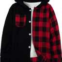 Boys Flannel Shirts Plaid Hoodie: Button Down Long Sleeve Shirt Fall Winter Fashion Lightweight Hooded Jacket Coats (6-7 Years, Black + Red)