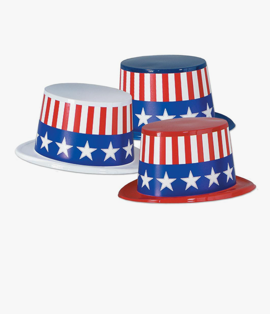 9 Pack Patriotic Plastic Top Hats with Red White & Blue Bands – Independence Day Party Favors for Adults & Kids