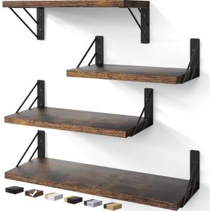 BAYKA Wall Shelves for Bedroom Decor, Floating Wall Shelves for Living Room Kitchen Storage, Wall Mounted Rustic Wood Floating Shelves for Kids Books, Corner Shelf for Bathroom(Rustic BrownSet of 4)
