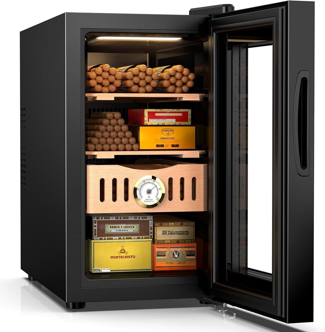 25L Electric Humidor, 200 Counts Cigar Humidor Cabinet with Cooling Temperature Control, Electric Cooling Cigar Fridge with Spanish Cedar Wood Shelves & Hygrometer