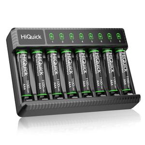 HiQuick Rechargeable AAA Batteries (8 Pack), 1.2V Ni-MH Low Self Discharge & Pre-Charged 1100Mah AAA Batteries with 8 Bay Smart Battery Charger for AA/AAA Ni-MH/NiCD Rechargeable Batteries