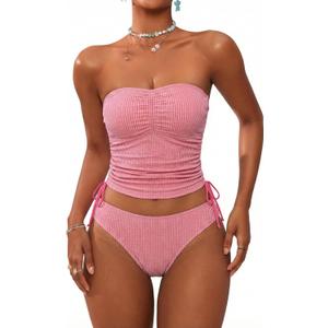 ZAFUL Women's Bandeau Tankini Swimsuit Asymmetrical Slit Bowknot String High Cut Fairyland Cheeky Bathing Suit, Large