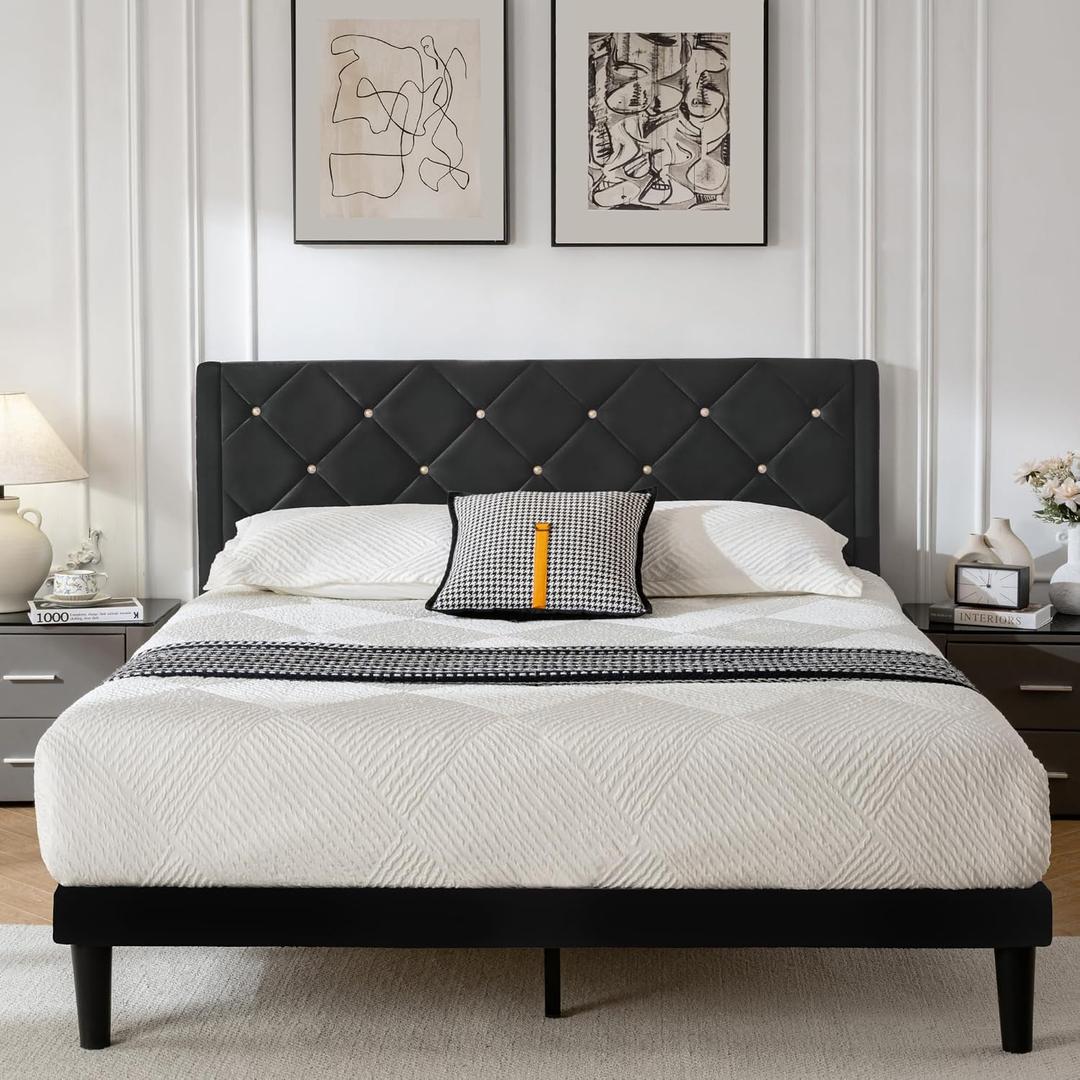 Queen Bed Frame with Headboard, Bed Frame Queen Size with Sturdy Wooden Slats Support, Platform Frame with Velvet Upholstered Headboard, Mattress Foundation, Easy Assembly, No Box Spring Needed Black