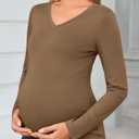Yousify Womens Maternity Tops V Neck Long Sleeve Fitted Tunic Shirts Casual Basic Tees Mama Pregnancy Clothes (Brown)