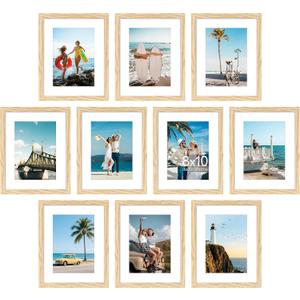 decorUhome 8x10 Picture Frame Set of 10, Display Photos 5x7 with Mat or 8x10 Unmatted for Picture Frames Collage Wall Decor, Natural