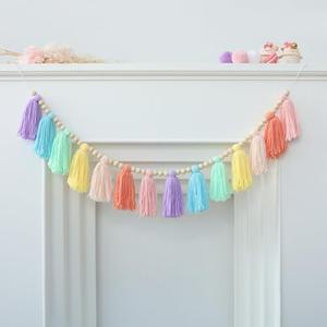 DCJHFJ Pastel Rainbow Boho Tassel Garland Wall Hanging with Wood Beads for Baby Shower Birthday Party Classroom Dorm Nursery Decor