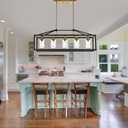 BONLICHT Rectangle 5 Lights Black Modern Dining Room Lighting Fixtures Hanging Over Table, Industrial Brushed Brass Chandeliers Farmhouse Kitchen Island Linear Pendant Light Ceiling with Clear Glass, 5 Lights-Clear Glass Shade