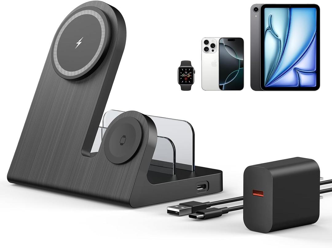 Wireless Magnetic Charger for iPhone: 3-in-1 Charging Station for Multiple Devices Apple - 18W Charging Stand for iPhone 17 16 15 14 13 12 Pro Max Plus Apple Watch iPad Airpods 3/Pro 2nd (Black)