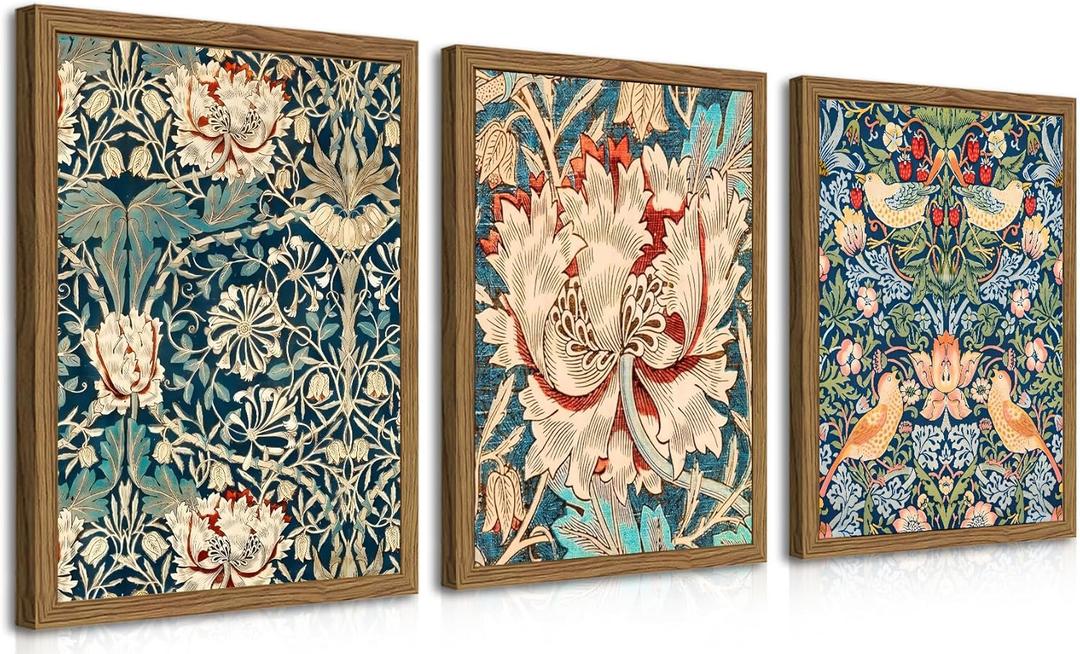 Wood Frame William Morris Wall Art Set of 3, Vintage Botanical Floral Canvas Wall Decor Painting, Farmhouse Artwork Aesthetic Posters Prints for Living Room Bedroom Bathroom 16x24In Framed
