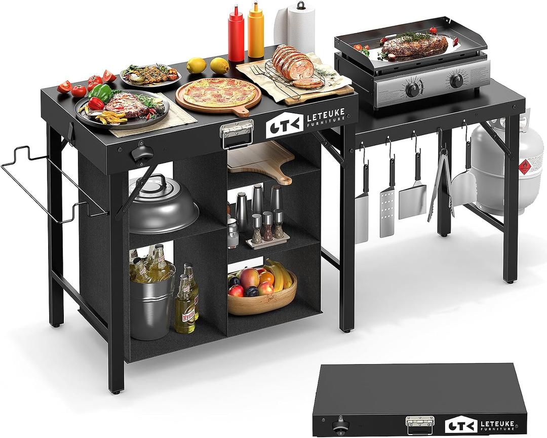 Leteuke Grill Table for Blackstone Griddle, Portable Foldable Grill Table with Storage Fits Ninja, Blackstone Griddle Stand for Outdoor Camping, Picnic, Garden, Patio, Dining, BBQ, Party, 60.63"D x 19.88"W x 30.51"H