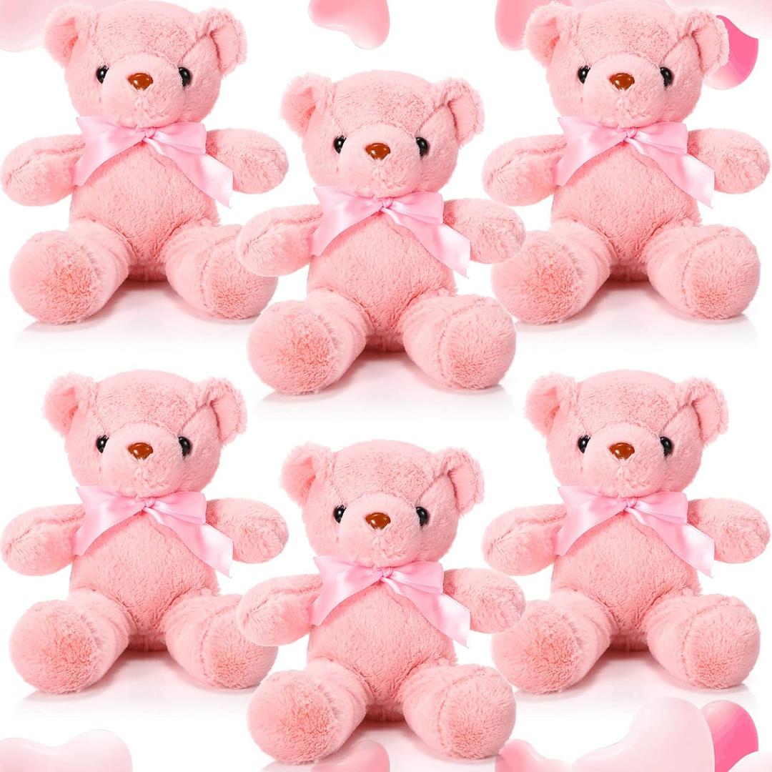 Aoriher 6 Pcs Bear Stuffed Animal Bulk Baby Shower Bear Plush Toys Soft Cute Sleeping and Playing Decorations for Kids Graduation Gift Baby Shower Birthday Party Favor(Pink)