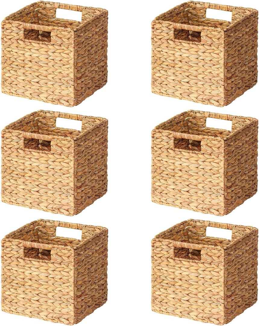 SpaceAid 6 Pack Wicker Basket, Storage Baskets for Organizing, Woven Rattan Basket with Handles for Shelves, Water Hyacinth Large Cube Organizer Storage Bin, 10.5x10.5x10.5 inch, Natural