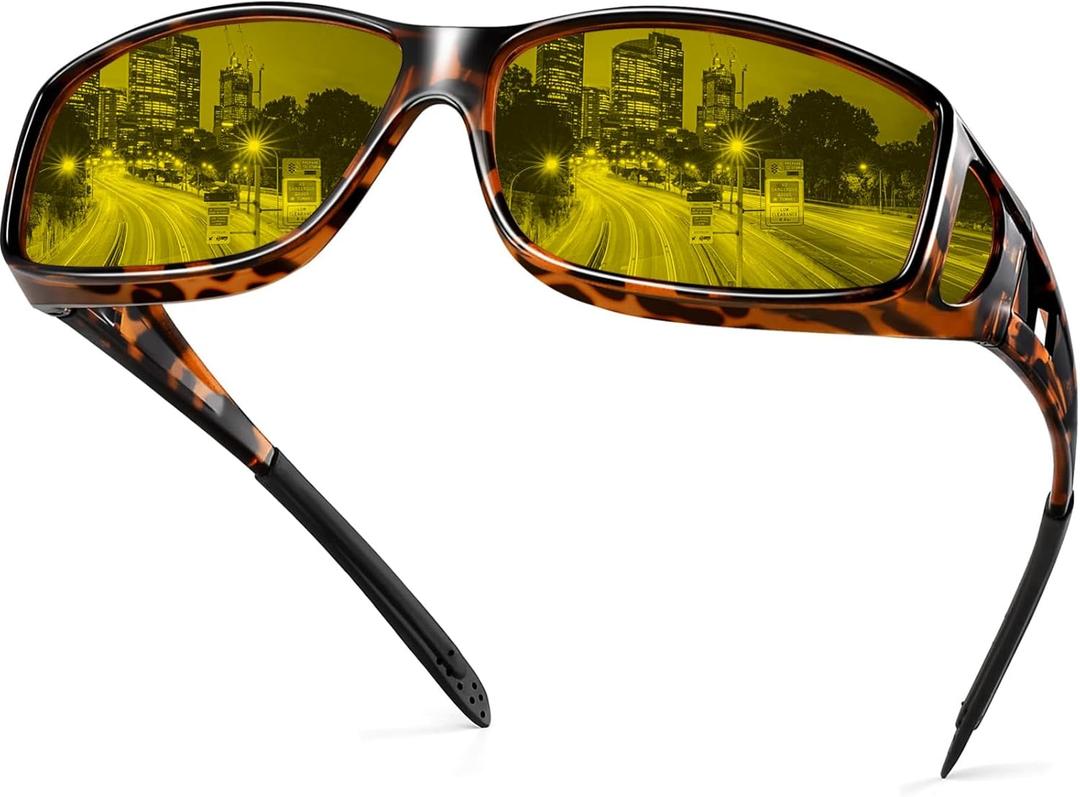 Night Driving Glasses Night Vision Glasses Fit Over Glasses Polarized Anti-Glare UV400 Gift for Men Women (Night Vision (Yellow Lens / Red Tortoise Frame))
