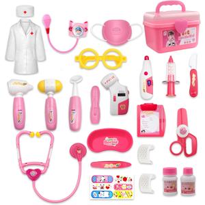 24Pcs Doctor Kit for Toddlers 3-5, Kids Doctor Pretend Play Set with Costume, Stethoscope, Funny Doctors Kit Toys Christmas Birthday Gift for Girls Ages 3 4 5 Year Old, Pink
