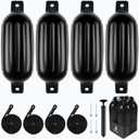 Dreizack Boat Fenders 4 Pack, Boat Bumpers for Docking with 4 Ropes, Inflatable Ribbed Marine Pontoon Boat Fender Bumper for Docks with 1 Storage Bag, 1 Air Pump and 4 Needles (5.5 inch, Black)