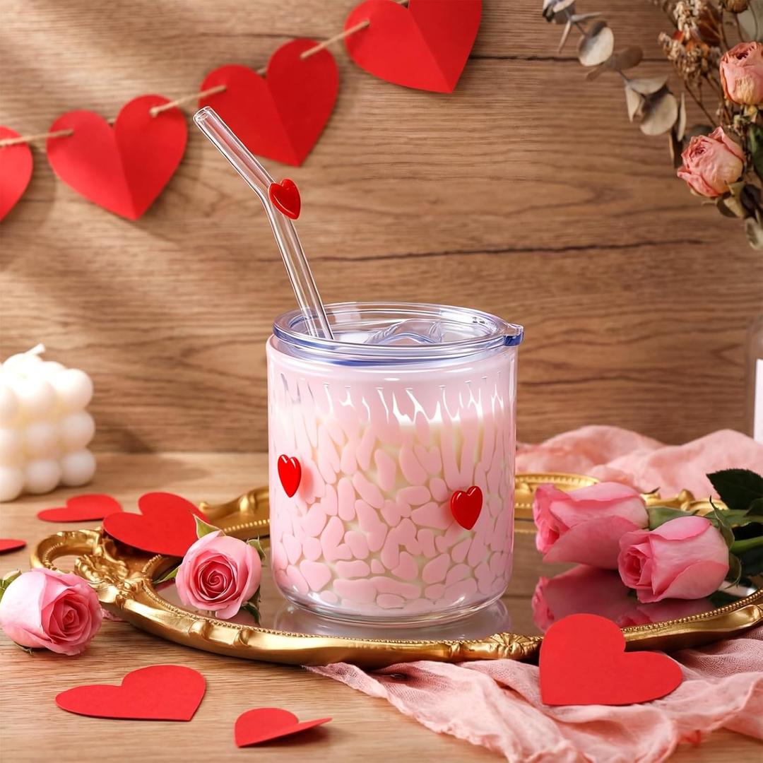 Patelai 1 Pcs Valentine's Day Red Heart Icon Juice Glasses Cups with Lids and Straws 15oz Drinking Iced Coffee Glass Cups Cute Tumbler for Valentine's Day Gifts Engagement Anniversaries Romantic Gifts