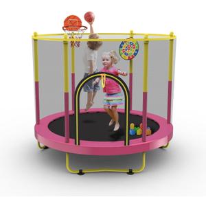 72" Trampoline for Kids with Net,6 FT Indoor & Outdoor Small Toddler Trampoline with Basketball Hoop & Dart Board for Ages 1-8, Birthday Gifts for Boys & Girls, Baby Toddler Christmas Toys (Pink)