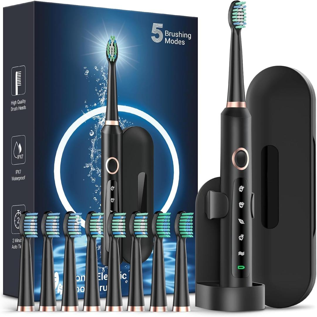 Sonic Electric Toothbrush for Adults - Rechargeable Electric Toothbrush with 8 Brush Heads & Travel Case,Teeth Whitening, Power Electric Toothbrush with Holder, 3Hours Charge for 120 Days - Black